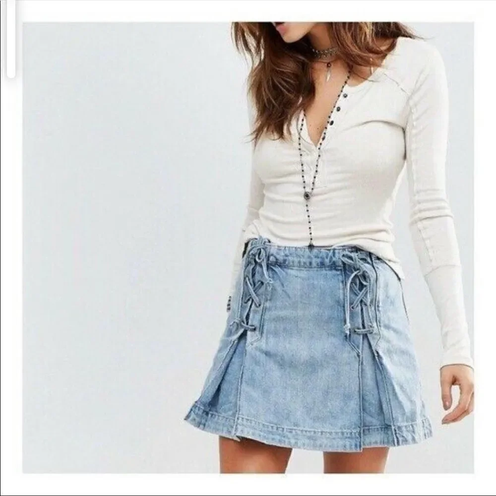 Free People Denim Lace Up Skirt in Light Denim-NWT